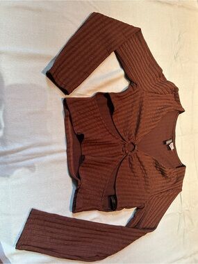 H&M Ribbed Long Sleeve Crop Top in Chocolate Brown